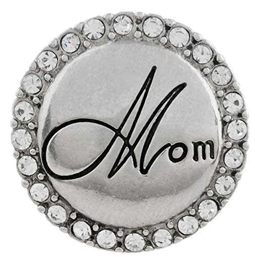 Silver SnapAccents snap charm with "Mom" inscription in elegant script, surrounded by clear rhinestones, perfect for customizable jewelry, bracelets, and gifts for mothers.