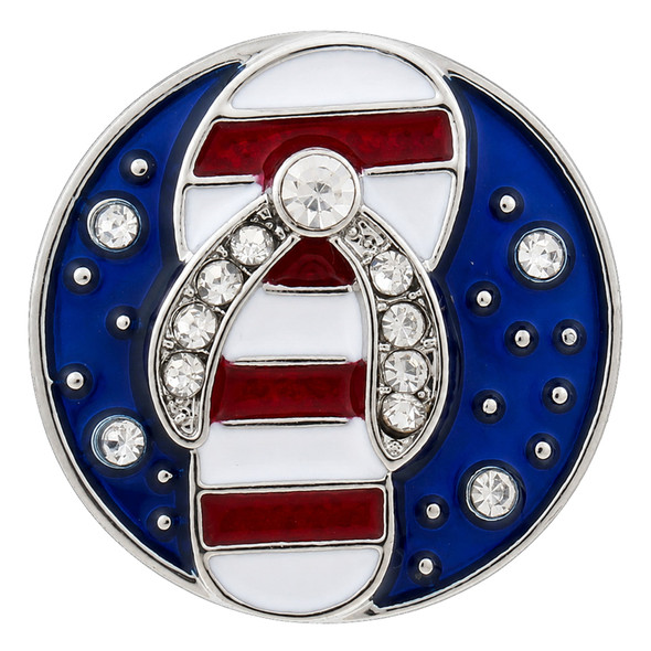 Round snap jewelry charm with a blue enamel background and rhinestones surrounding a red and white striped flip flop sandal accented with clear rhinestones