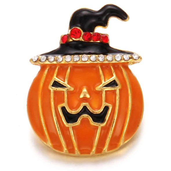 Halloween pumpkin snap charm with black witch hat, red and clear rhinestones, orange enamel, gold-tone metal, festive seasonal jewelry accessory for SnapAccents snap bracelets and interchangeable jewelry.