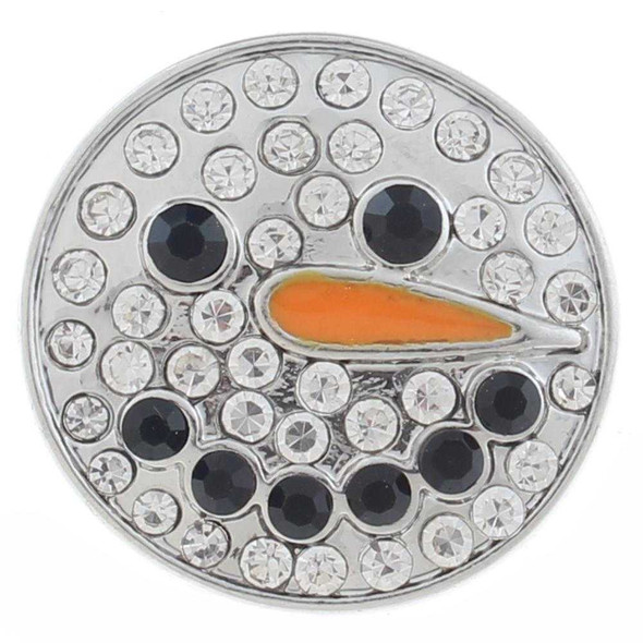 Round SnapAccents snap jewelry charm featuring a sparkling snowman face design with clear rhinestones, black rhinestone eyes and mouth, and an orange enamel carrot nose, perfect for interchangeable snap bracelets and accessories.