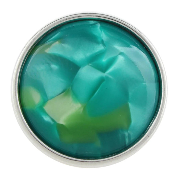 SnapAccents round snap jewelry charm with teal and green marbled resin design set in silver-tone metal frame, interchangeable accessory for snap bracelets, necklaces, and rings, stylish and colorful fashion statement piece.