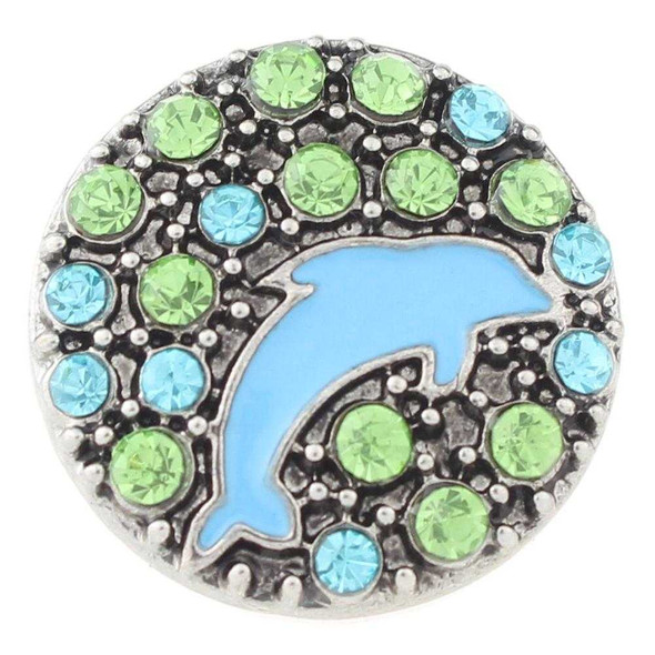 Round SnapAccents snap jewelry charm featuring a light blue enamel dolphin center surrounded by alternating green and blue rhinestones on an antique silver-tone metal base, perfect for customizable snap bracelets, necklaces, and accessories.