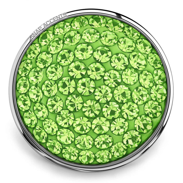 SnapAccents round snap jewelry charm with vibrant green faceted crystals set in silver-tone metal, perfect for interchangeable snap bracelets, necklaces, and accessories.
