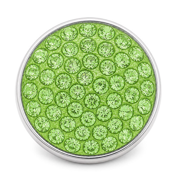 round snap jewelry charm covered in lime green rhinestones with a silver metal edge