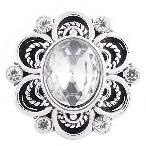 Silver SnapAccents snap jewelry charm with large oval clear faceted crystal center, surrounded by intricate black enamel and smaller clear rhinestones, decorative floral-inspired design, interchangeable accessory for snap bracelets, necklaces, and fashion jewelry.