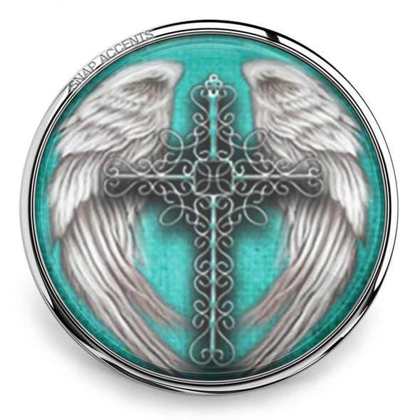 18mm snap jewelry charm with a turquoise background featuring a detailed black filigree cross flanked by white angel wings