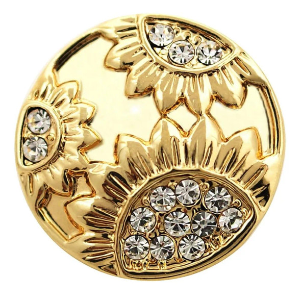 Gold-tone SnapAccents snap jewelry charm with sunburst design and clear rhinestone accents, decorative interchangeable button for bracelets, necklaces, and accessories, stylish and elegant fashion embellishment.