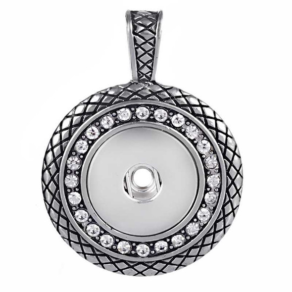 Silver-tone SnapAccents snap jewelry pendant with textured lattice design and clear rhinestone circle, compatible with interchangeable snap buttons for customizable fashion accessories.
