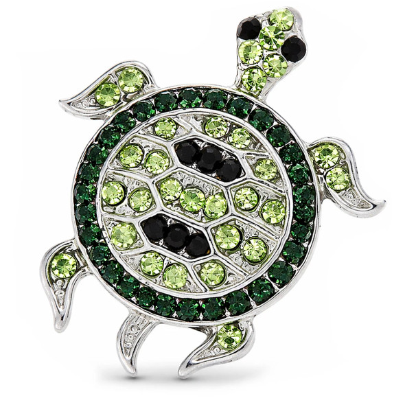 Silver turtle snap charm with green and black rhinestones, decorative snap jewelry accessory, nature-inspired statement piece, interchangeable snap button for bracelets and necklaces, vibrant sea turtle design, perfect for personalized jewelry collections and gifts.