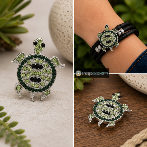 Green and black rhinestone sea turtle snap jewelry charm shown loose and attached to a black leather triple-wrap bracelet