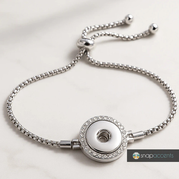 Silver adjustable snap bracelet with clear rhinestone circle charm, elegant chain link design, interchangeable snap jewelry accessory by SnapAccents, stylish gift for women, customizable fashion bracelet.