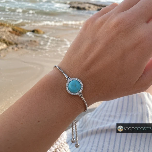 Silver adjustable snap bracelet with clear rhinestone circle charm, elegant chain link design, interchangeable snap jewelry accessory by SnapAccents, stylish gift for women, customizable fashion bracelet.