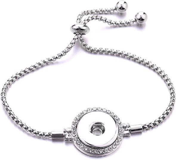 silver-tone adjustable slider strand snap jewelry bracelet with rhinestones encircling the round snap holder