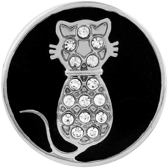 Round SnapAccents snap jewelry charm featuring a silver cat silhouette adorned with clear rhinestones on a black background, designed for interchangeable snap button bracelets and accessories.