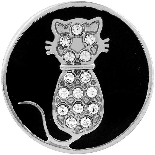 round snap jewelry charm with black enamel background featuring a silver cat silhouette decorated with clear rhinestones