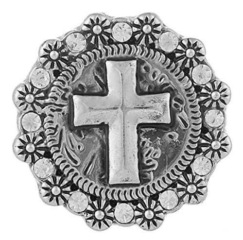 Silver snap jewelry charm featuring a raised cross design in the center, surrounded by alternating clear rhinestones and small flower accents, perfect for interchangeable snap bracelets or necklaces.