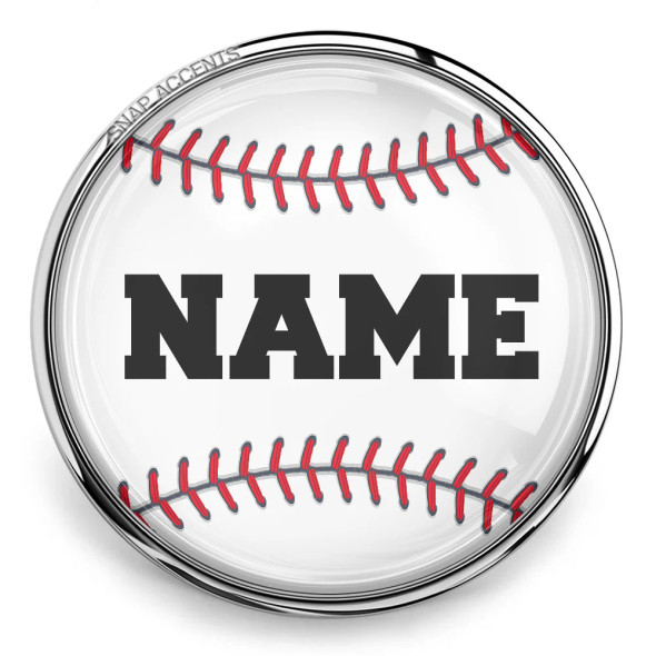 Baseball-themed SnapAccents snap jewelry charm with red stitching detail and customizable name text, perfect for sports fans and personalized accessory collections.