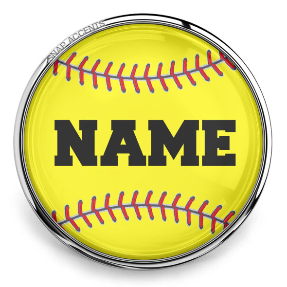 Yellow softball snap charm with red stitching and customizable name text, encased in silver metal frame, SnapAccents interchangeable jewelry accessory for sports fans and athletes.