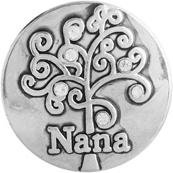 Silver SnapAccents snap charm featuring an intricate tree design with swirls and embedded crystals, engraved with the word "Nana," perfect for personalized jewelry gifts for grandmothers.