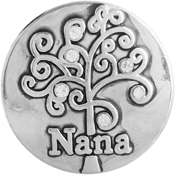 Silver-tone snap jewelry charm with a detailed tree design featuring curling branches and rhinestone accents above the word Nana