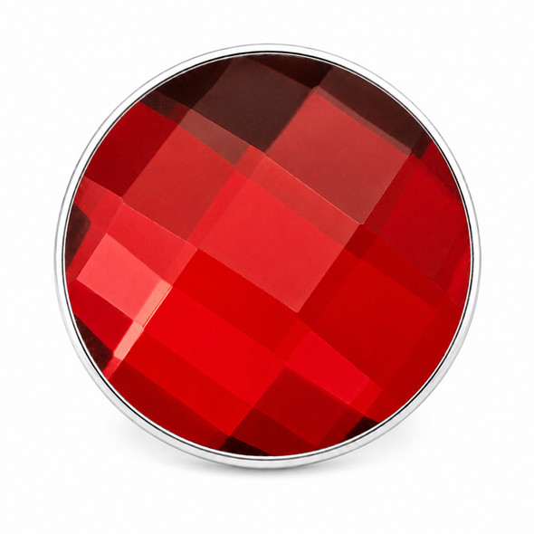 18MM red faceted snap jewelry charm with a textured geometric pattern and silver metal edge
