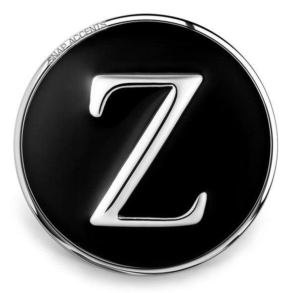SnapAccents black enamel snap charm with silver letter Z, interchangeable jewelry accent, stylish personalized accessory for bracelets, necklaces, and more.