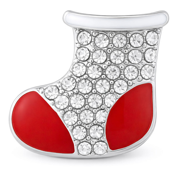 Christmas stocking snap jewelry charm with bright red enamel toe and heel sections and clear rhinestones covering the rest of the stocking