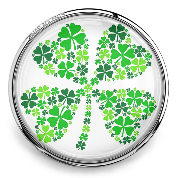 18mm snap jewelry charm with a silver metal base featuring a collage of various green shamrocks forming a large four-leaf clover design