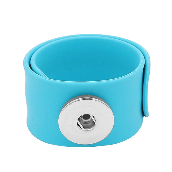 Blue silicone snap bracelet with silver-tone snap button for interchangeable jewelry charms, flexible and adjustable wrist accessory, unisex fashion snap band.