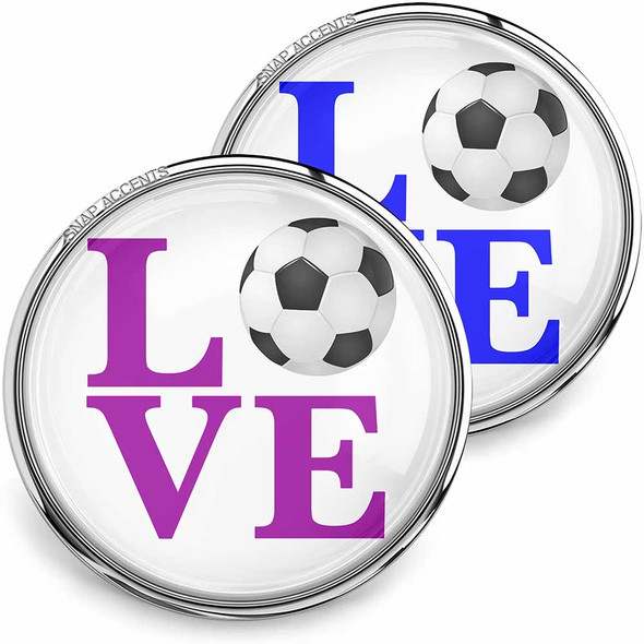SnapAccents round snap jewelry charms featuring the word "LOVE" with a black and white soccer ball replacing the letter "O," available in purple and blue text, perfect for soccer fans and sports-themed accessories.