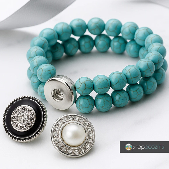 Custom Snap Jewelry Snap Set - Turquoise Bead Bracelet, 2 Snaps (#01) Ginger Charm Magnolia Vine Button by SnapAccents
