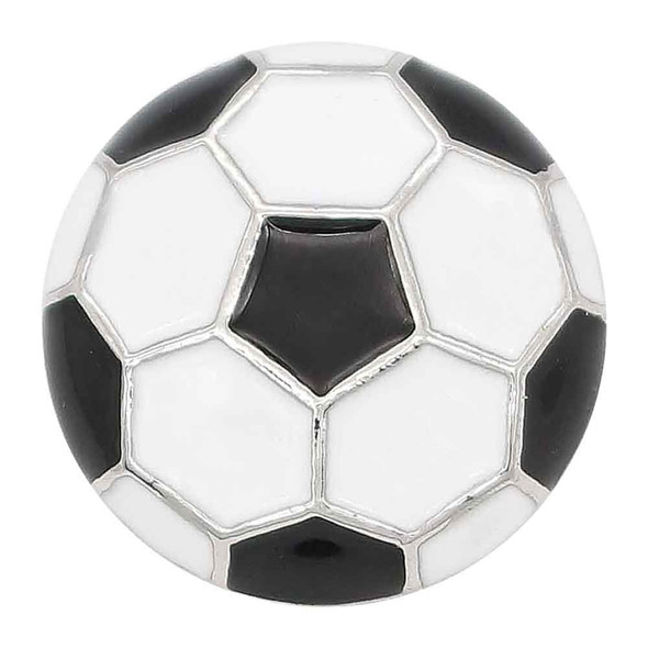 round snap jewelry charm designed as a black and white enamel soccer ball with classic panel pattern