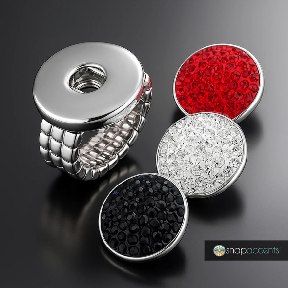 Silver snap jewelry ring with interchangeable red, clear, and black crystal snap charms, adjustable band, stylish and versatile accessory by SnapAccents, perfect for customizable fashion and gift ideas.
