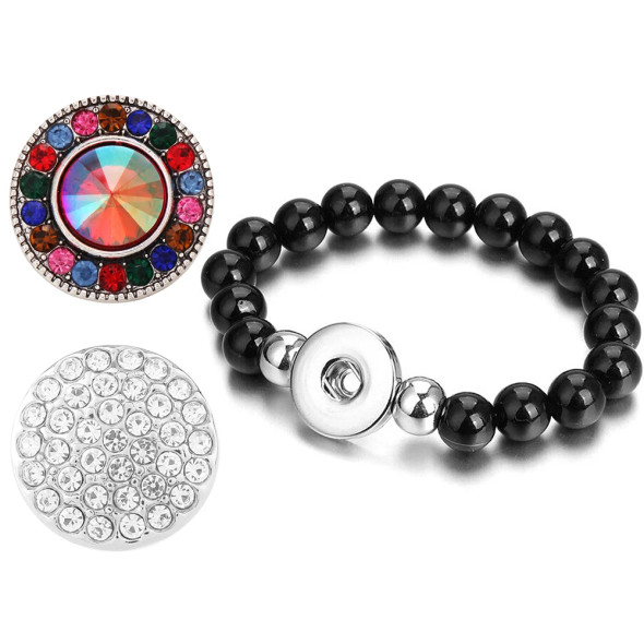 Black beaded snap bracelet with interchangeable colorful and clear rhinestone snap charms, adjustable stretch jewelry accessory for women and men.