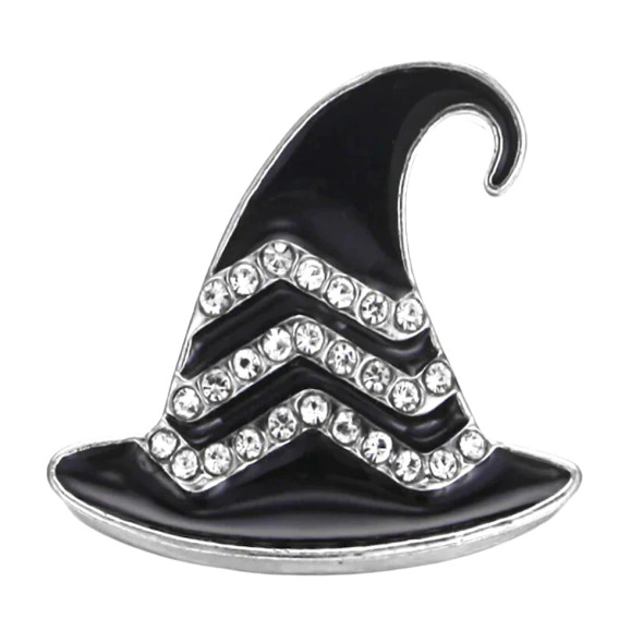 Black witch hat snap charm with silver-tone metal and clear rhinestone chevron accents, Halloween-themed snap jewelry accessory for interchangeable bracelets and necklaces.