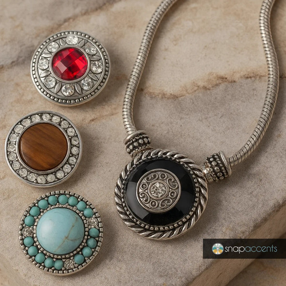 Silver snap jewelry necklace with interchangeable SnapAccents snap charms featuring red and clear rhinestones, displayed on a beige textured surface.