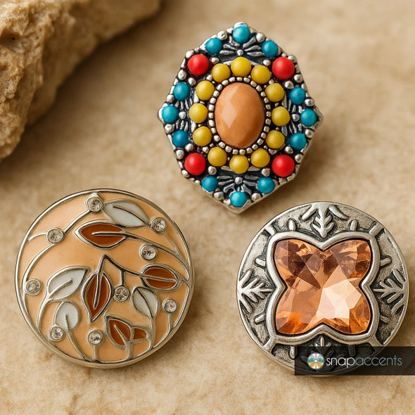 SnapAccents snap jewelry buttons featuring a colorful hexagonal design with turquoise, red, and yellow beads, a round beige button with silver leaf patterns and rhinestones, and a round silver button with an amber-colored faceted gemstone, all displayed on a neutral textured background.