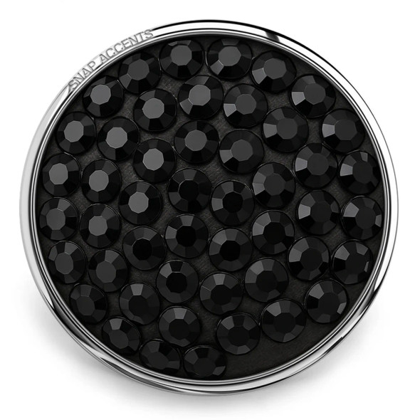 Round SnapAccents snap jewelry charm with black faceted stones set in silver-tone metal, perfect for interchangeable snap bracelets, necklaces, and accessories.