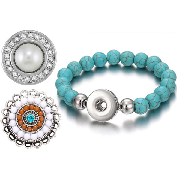 Turquoise beaded snap bracelet with interchangeable SnapAccents snap charms featuring a pearl surrounded by rhinestones and a vintage-style floral design with white, brown, and turquoise stones, perfect for customizable fashion jewelry and gift ideas.