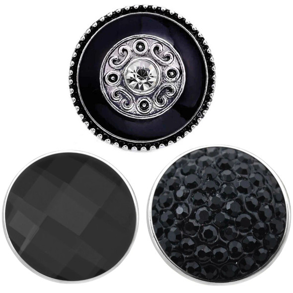 Black snap jewelry set with three interchangeable round snap charms: one with silver filigree and clear crystal center, one faceted black stone, and one black rhinestone cluster, all with silver-tone metal edges, designed for SnapAccents snap jewelry collections.