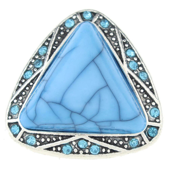 Blue triangle snap charm with marbled resin center, surrounded by silver-tone metal and small light blue rhinestones, decorative jewelry accessory for interchangeable snap bracelets or necklaces.