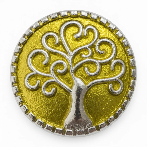 Round SnapAccents snap jewelry charm with silver tree of life design on textured gold background, decorative metal accessory for interchangeable snap bracelets and jewelry.