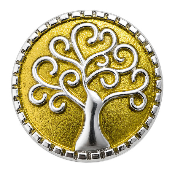 18mm snap jewelry charm with a silver tree of life featuring spiral branches on a textured gold-toned enamel background