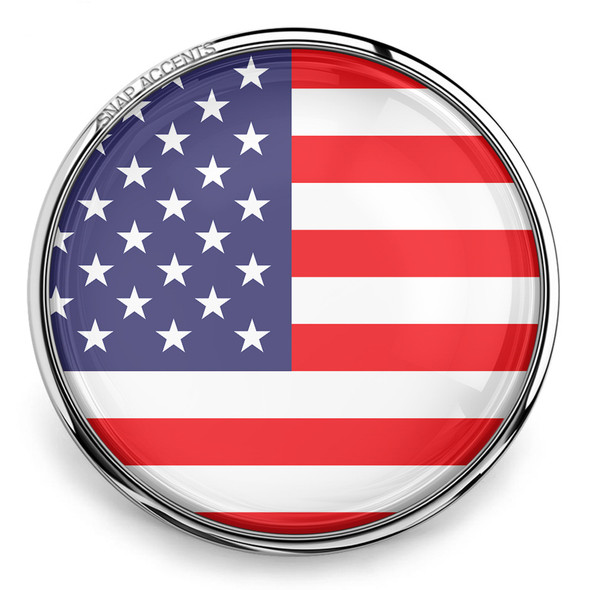 round snap jewelry charm with a smooth glass finish featuring the American flag design with red and white stripes and white stars on a blue field