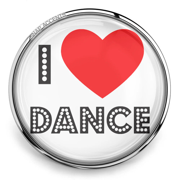 SnapAccents round snap jewelry charm with "I love dance" text, featuring a red heart and black dotted letters, perfect for dance enthusiasts and customizable snap accessories.