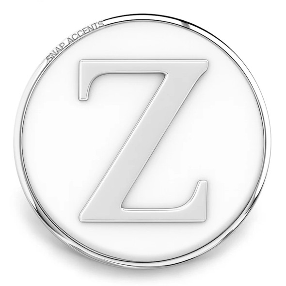 Silver SnapAccents snap jewelry charm with letter Z initial, interchangeable personalized accessory for bracelets and necklaces, stylish custom alphabet snap button charm.