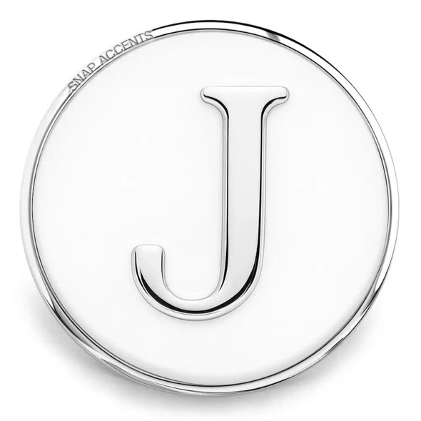 Silver SnapAccents round snap charm with raised letter "J" initial, polished metal finish, interchangeable jewelry accessory for bracelets and necklaces, personalized gift idea.