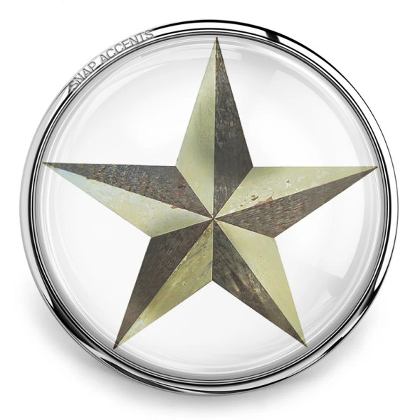 Round SnapAccents snap jewelry charm featuring a rustic five-pointed star design with metallic shades, set in a shiny silver-tone bezel, perfect for interchangeable snap jewelry collections.