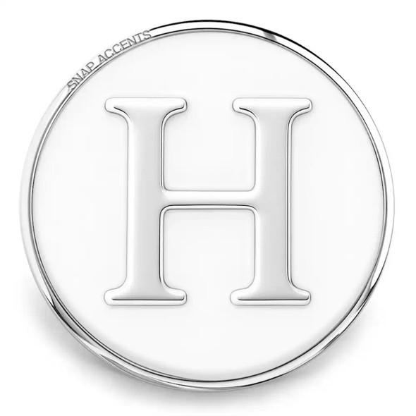 SnapAccents silver snap jewelry charm with raised letter H, round polished metal design, interchangeable snap button accessory for bracelets and necklaces, personalized initial jewelry piece.
