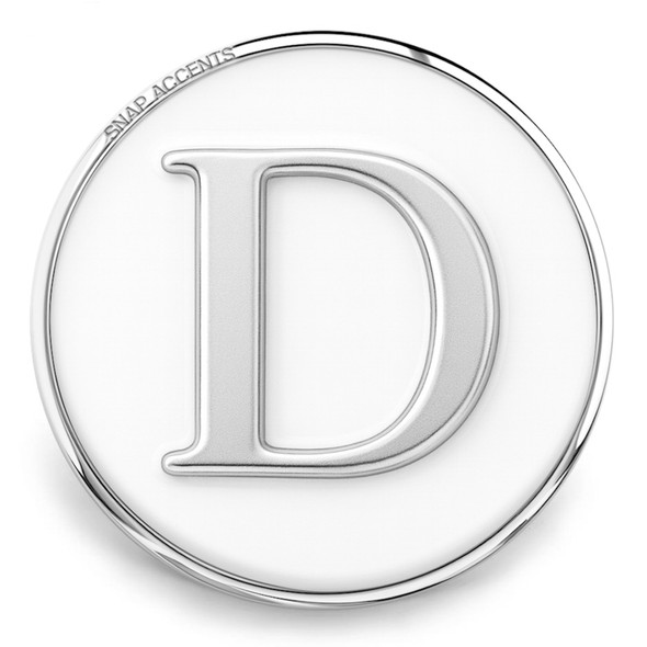 18mm snap jewelry charm with a silver letter D on a white enamel background and a polished silver edge engraved with SNAP ACCENTS